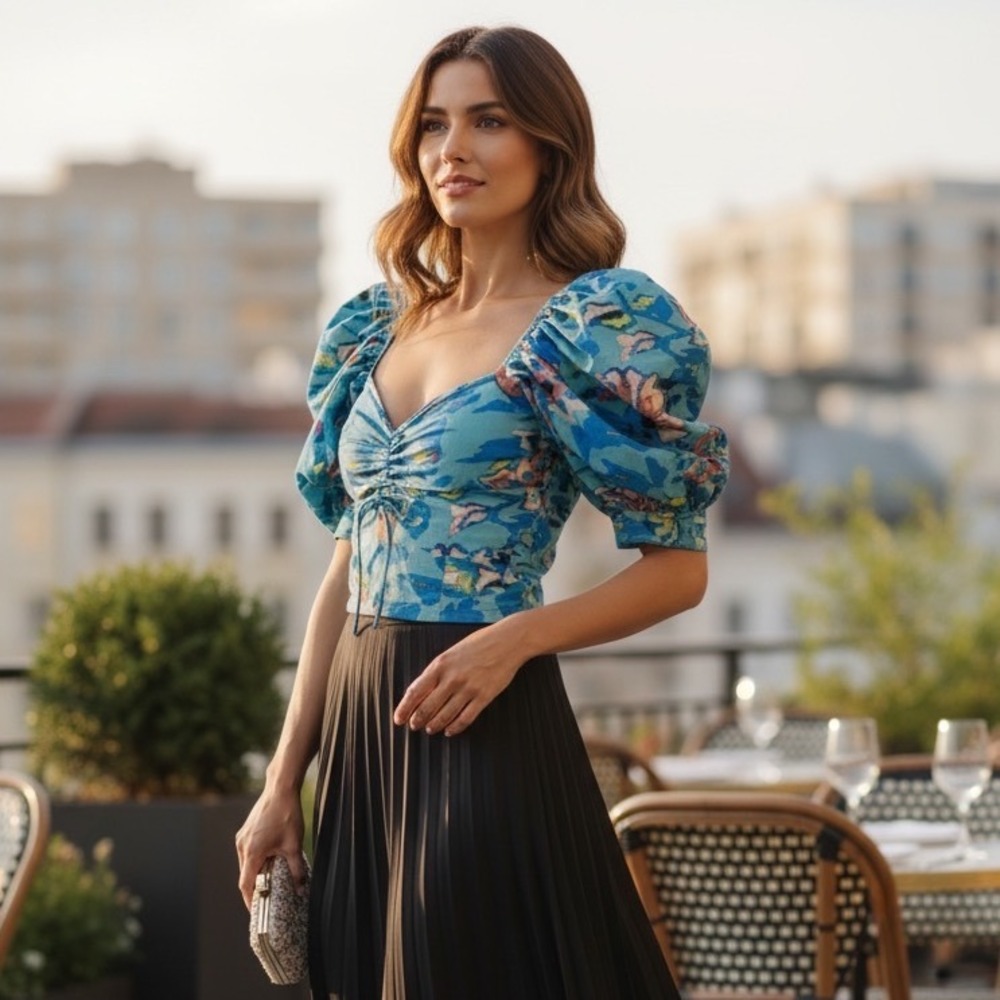 Cleobella Blue Abstract Floral Puff Sleeve‎ Ruched Crop Top Small Smocked Back